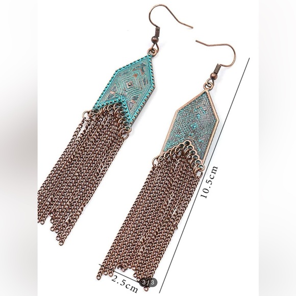 Vintage Patina Bronze Filagree Ornate Tassel Fringe Long Teal Copper Earrings - Picture 5 of 7